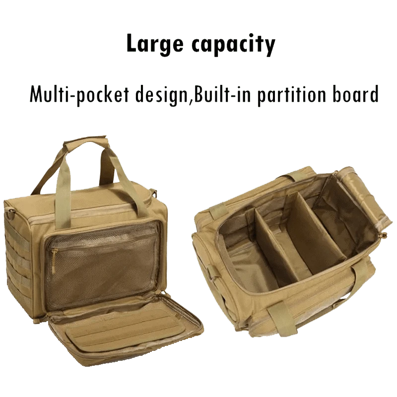 Tactical Range Bag with large capacity and multi-pocket design, featuring built-in partition board for customizable storage.