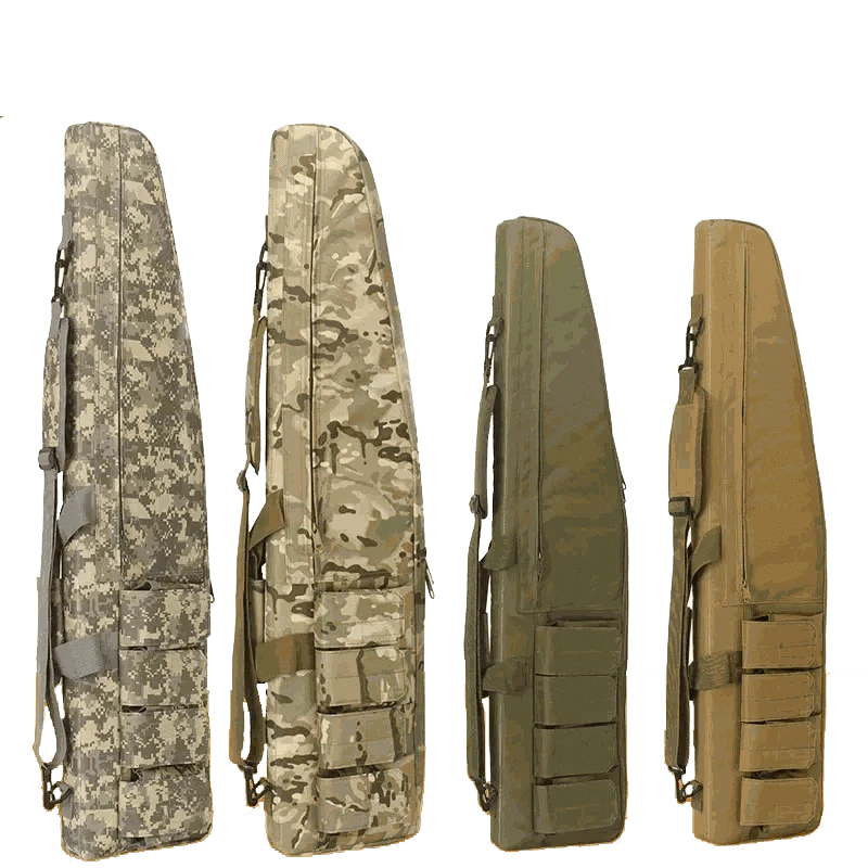 Tactical Rifle Case in camo and solid colors with MOLLE webbing, durable and water-resistant.
