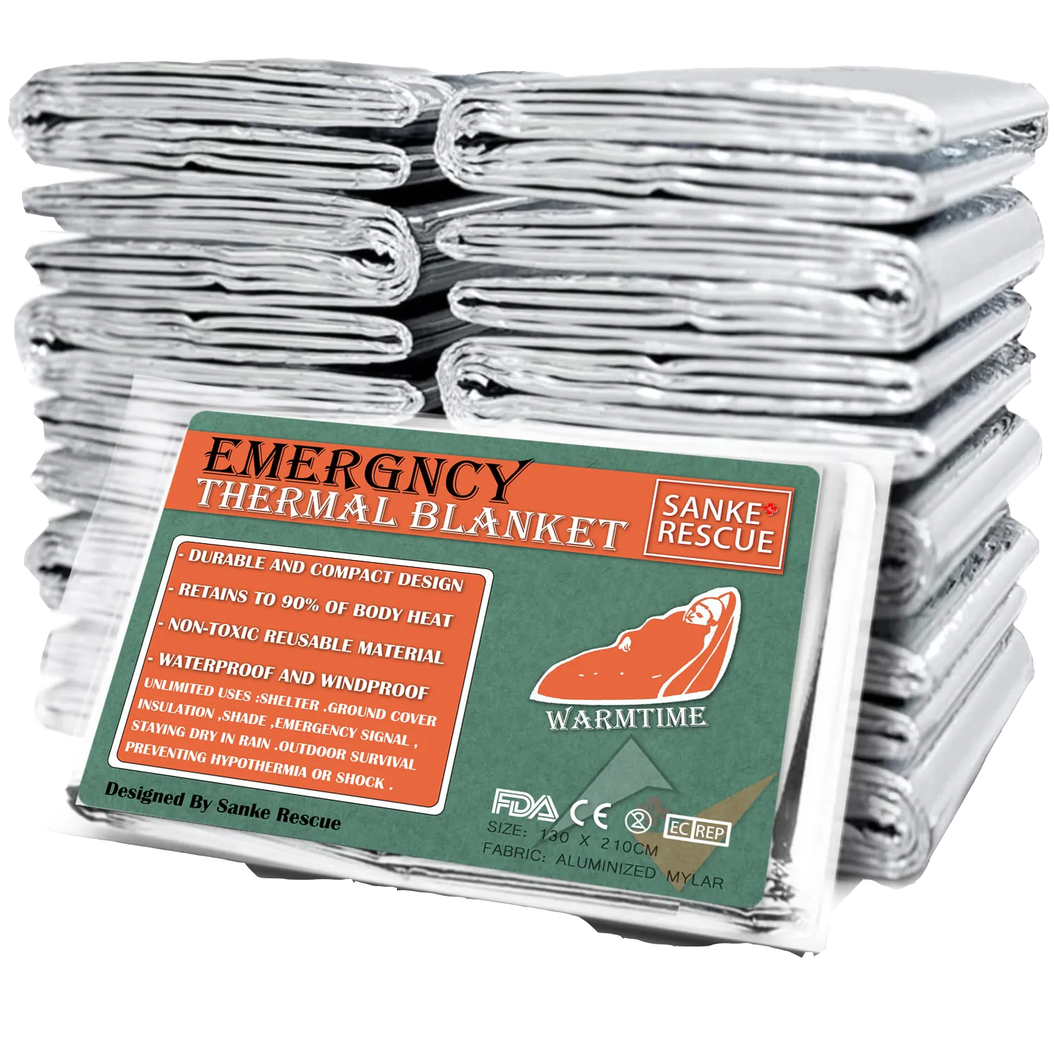 Thermal blanket for outdoor adventures and emergency situations, Mylar design, silver color, 4-pack.