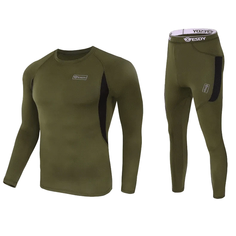 Thermal underwear for men in green, designed for warmth and flexibility, ideal for outdoor and military use.