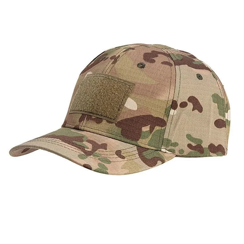 Camouflage Valhalla Velcro Tactical Cap with custom hook and loop panels and curved brim.