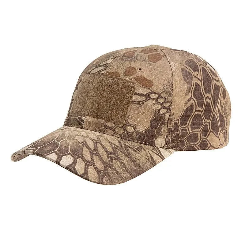 Valhalla Velcro Tactical Cap with customizable hook and loop panels, durable polyester-cotton blend, and curved brim for sun protection.