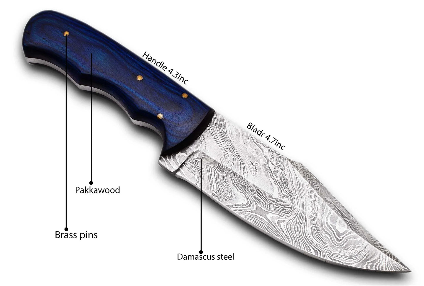 Damascus steel hunting knife with Pakka wood handle and pattern welded blade, featuring Full Tang construction and brass pins.