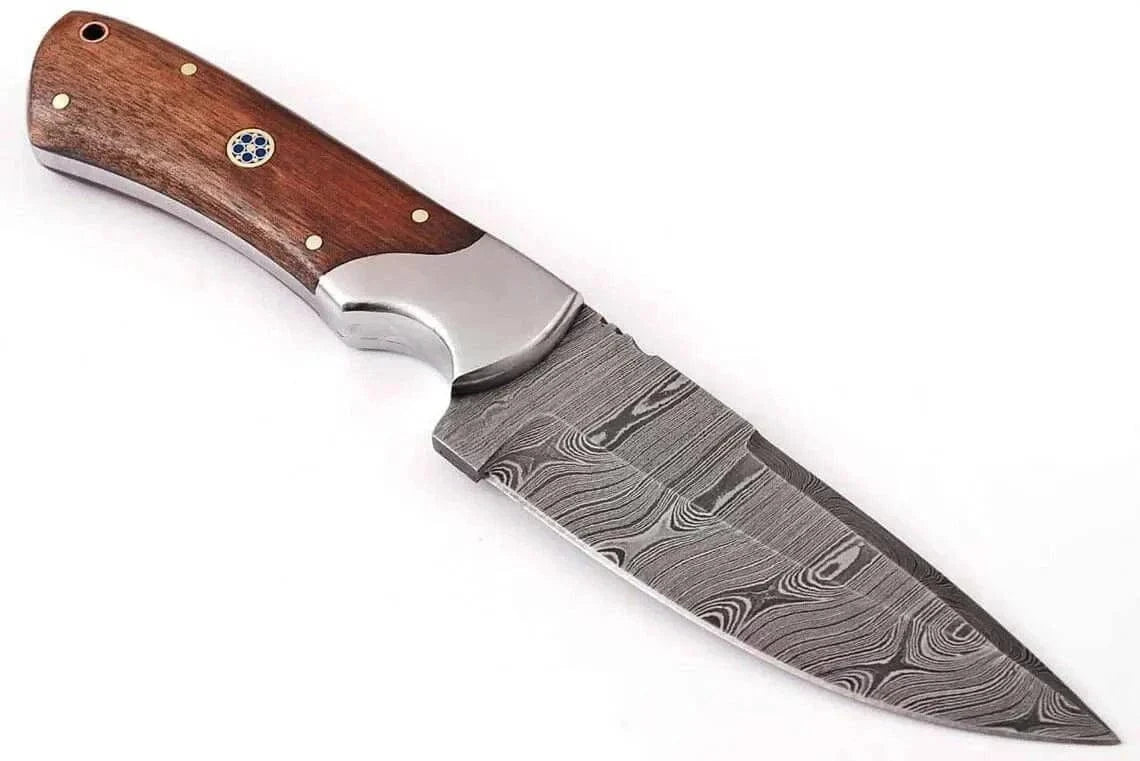 Damascus Steel Hunting Knife with 176-layer blade, rose and pakka wood handle, Damascus bolster.