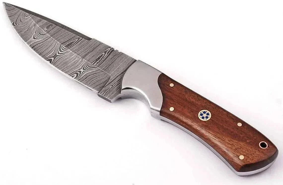 Damascus Steel Hunting Knife with rose wood handle and leather sheath.