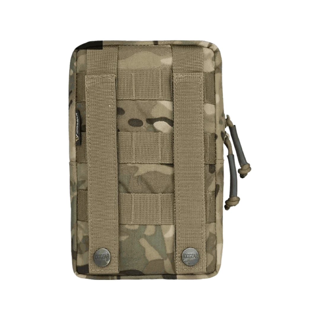Tactical Utility Pouch in Multicam, durable nylon, attachable to backpack or belt.