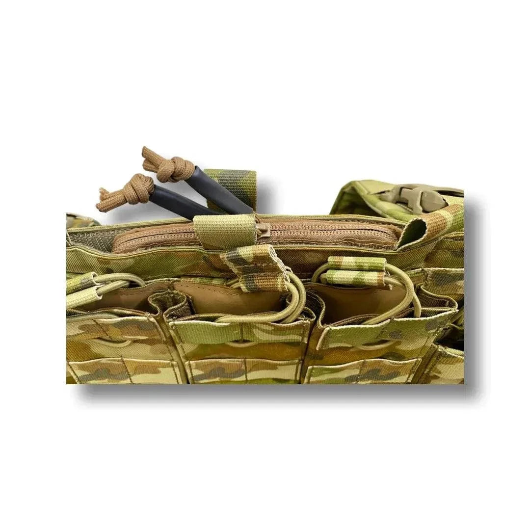 Tactical Double Zipper Storage Pouch in camo attached to vest.