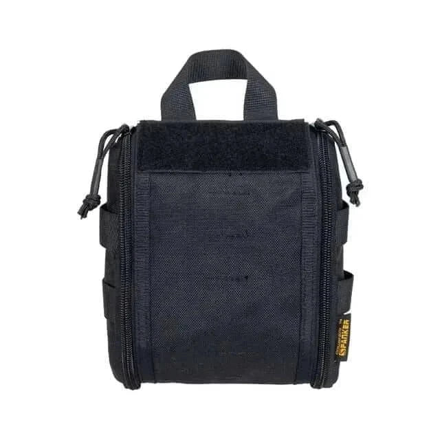 Compact black first aid pouch with MOLLE compatibility and Cordura material.