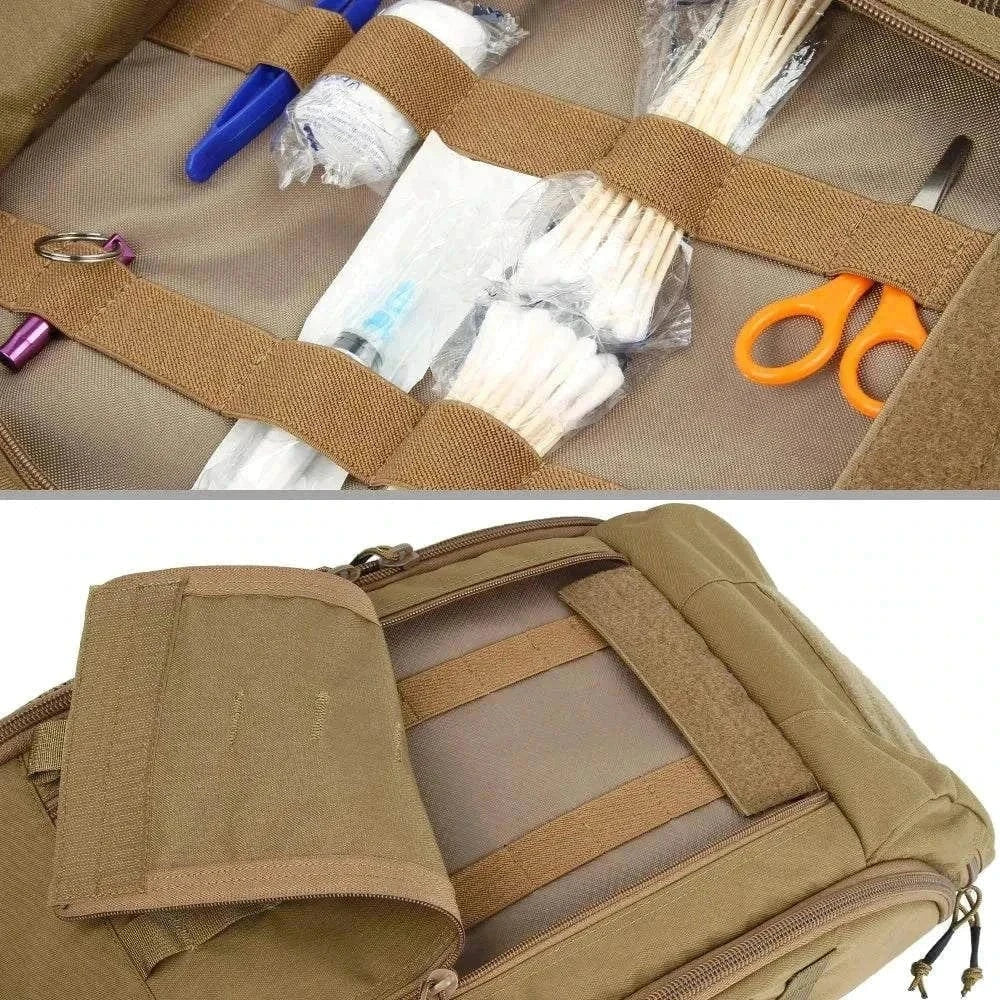 Tactical Multifunctional Backpack with multiple compartments and elastic loops for organizing gear, made of abrasion and water-resistant CORDURA nylon.