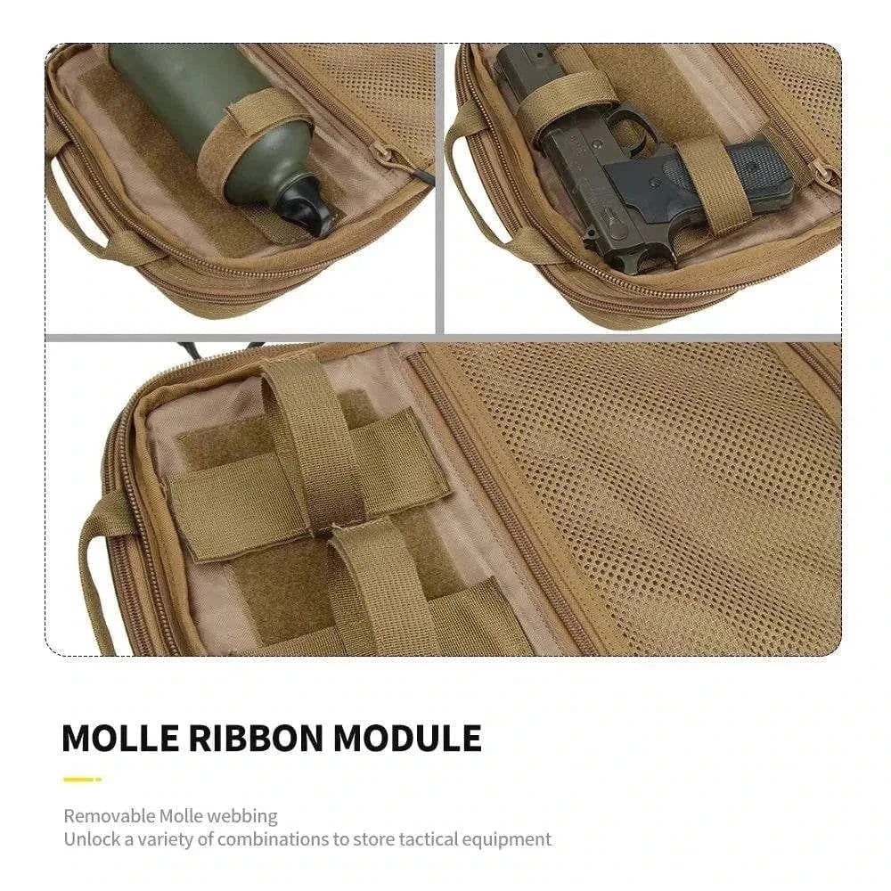 Tactical multifunctional backpack with MOLLE webbing, displaying organized compartments for tactical gear and accessories.