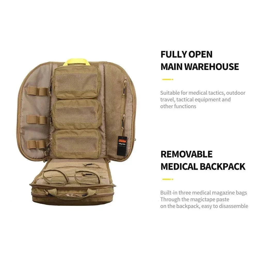 Tactical Multifunctional Backpack with multiple compartments and removable medical bags, made of abrasion and water-resistant CORDURA nylon.