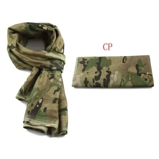 Camouflage scarf made of cotton with plaid pattern, rolled and folded, ideal for outdoor use in varying conditions.