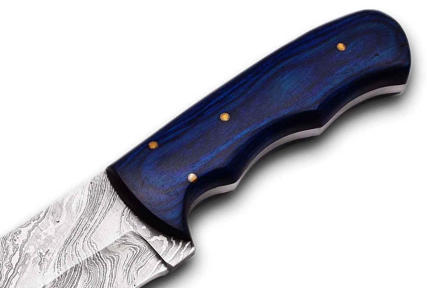 Damascus Steel Hunting Knife with Pakka wood handle and patterned blade.