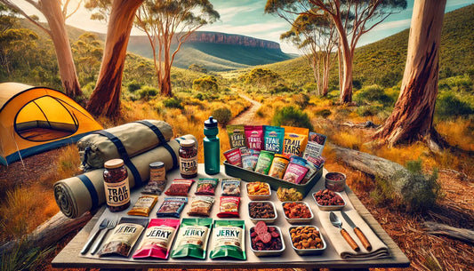 Hiking nutrition tips: various trail snacks and meals displayed outdoors for a hiking adventure.