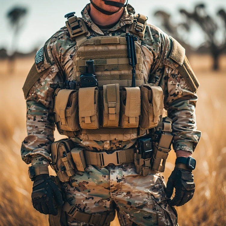 Close-up of a modern Australian soldier in camouflage uniform and tactical gear standing in a dry outback field. The vest and belt display communication devices, pouches, and survival tools,