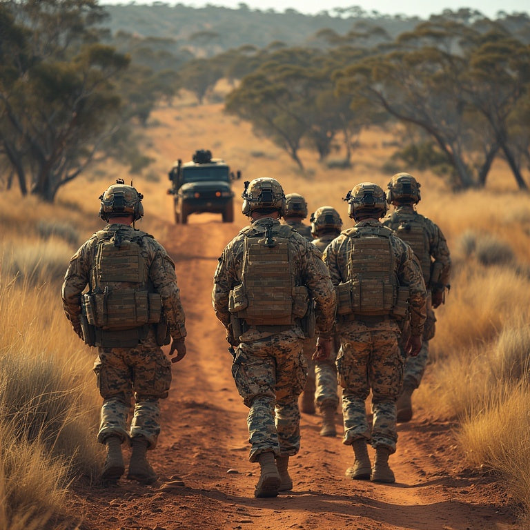 A squad of modern soldiers in camouflage uniforms and heavy tactical gear walks through a dry Australian outback landscape, with sparse eucalyptus trees and a military vehicle visible on a dirt ridge under a partly cloudy sky.