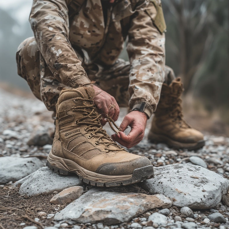 Close-up of tactical boots labelled "JUSTGOODKIT" on a rocky mountain trail, with a female operator in tactical gear standing in the background and a military vehicle parked on rough terrain under overcast skies.