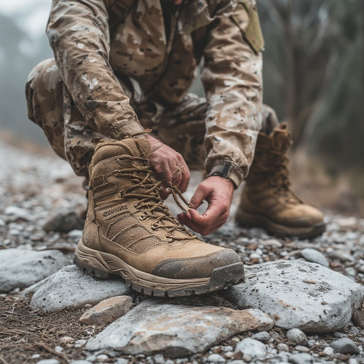 Close-up of tactical boots labelled "JUSTGOODKIT" on a rocky mountain trail, with a female operator in tactical gear standing in the background and a military vehicle parked on rough terrain under overcast skies.