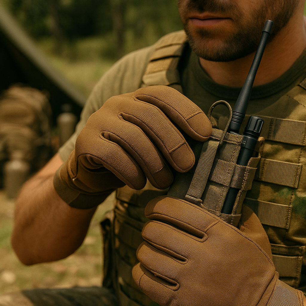 Close-up of a male operator’s hands in coyote-brown tactical gloves with reinforced knuckles and touchscreen fingertips, adjusting a radio pouch on his MOLLE vest, with blurred gear and bush campsite behind.