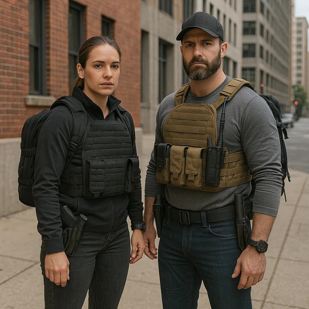 Two urban tactical operators—a man in a tan vest and cap and a woman in black gear—stand on a city sidewalk carrying plate carriers, backpacks, holstered pistols, and radios, with brick and concrete buildings behind them.