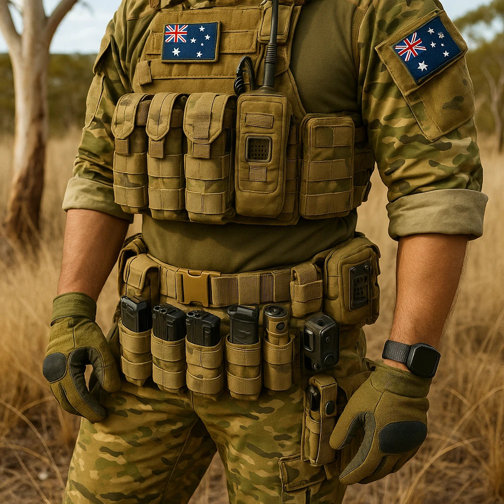 Close-up of a modern Australian soldier in camouflage uniform and tactical gear standing in a dry outback field. The vest and belt display communication devices, pouches, and survival tools,