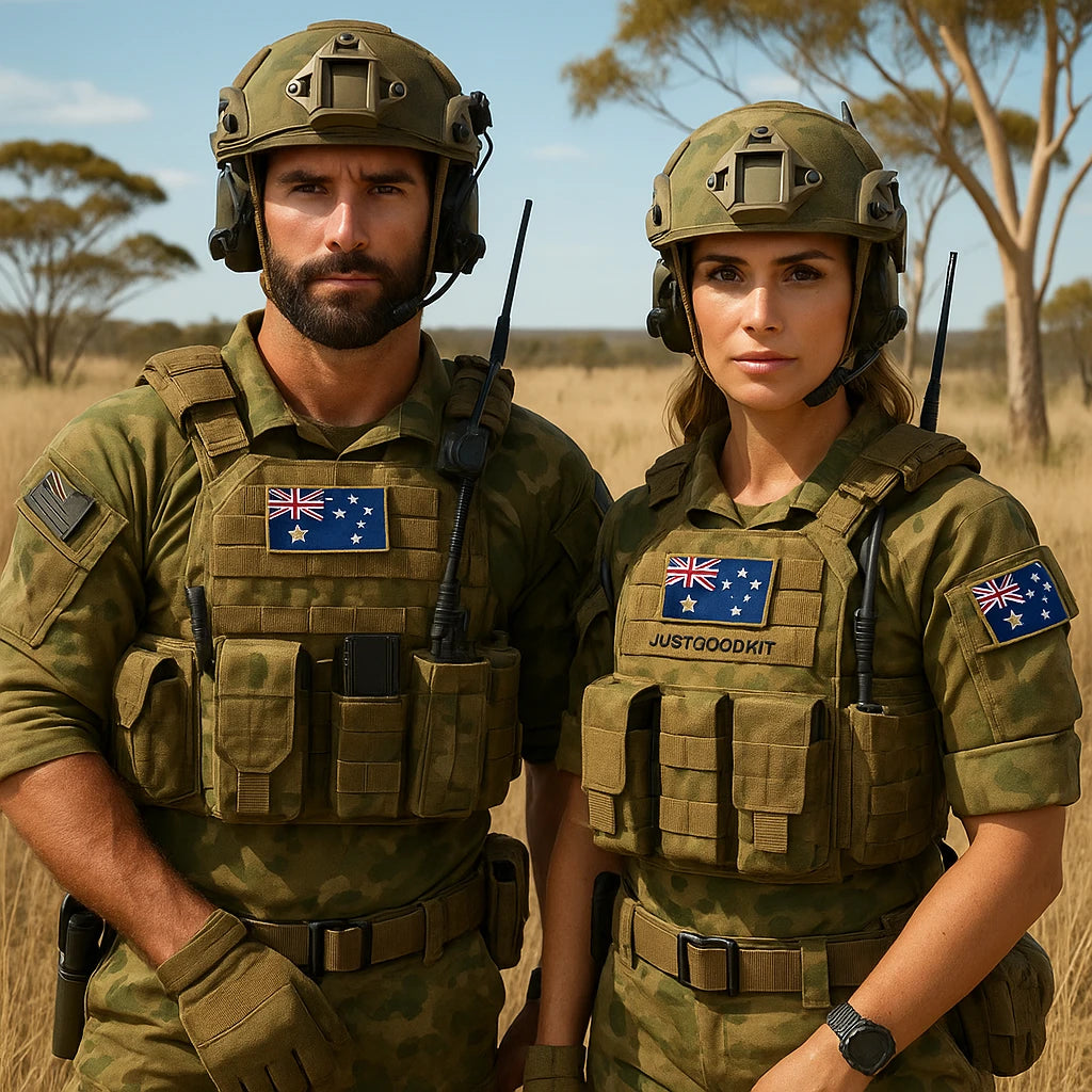 Two Australian tactical operators in camouflage uniforms and body armour stand side-by-side in a dry outback landscape with golden grass and eucalyptus trees. They wear helmets, communication gear, and Australian flag patches.