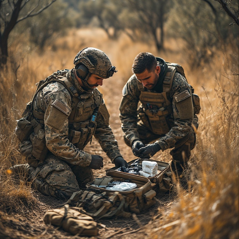 Three military medics in camouflage uniforms treat a teammate's arm wound in a dry eucalyptus forest. One applies gauze while another provides support, with a first aid kit open nearby, highlighting teamwork and field medical care.