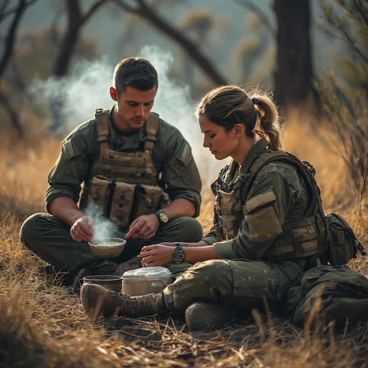 Two tactical operators in military-style uniforms sit cross-legged on dry forest ground, preparing hot meals from brown MRE pouches with steam rising, surrounded by sparse eucalyptus trees and dry grass.