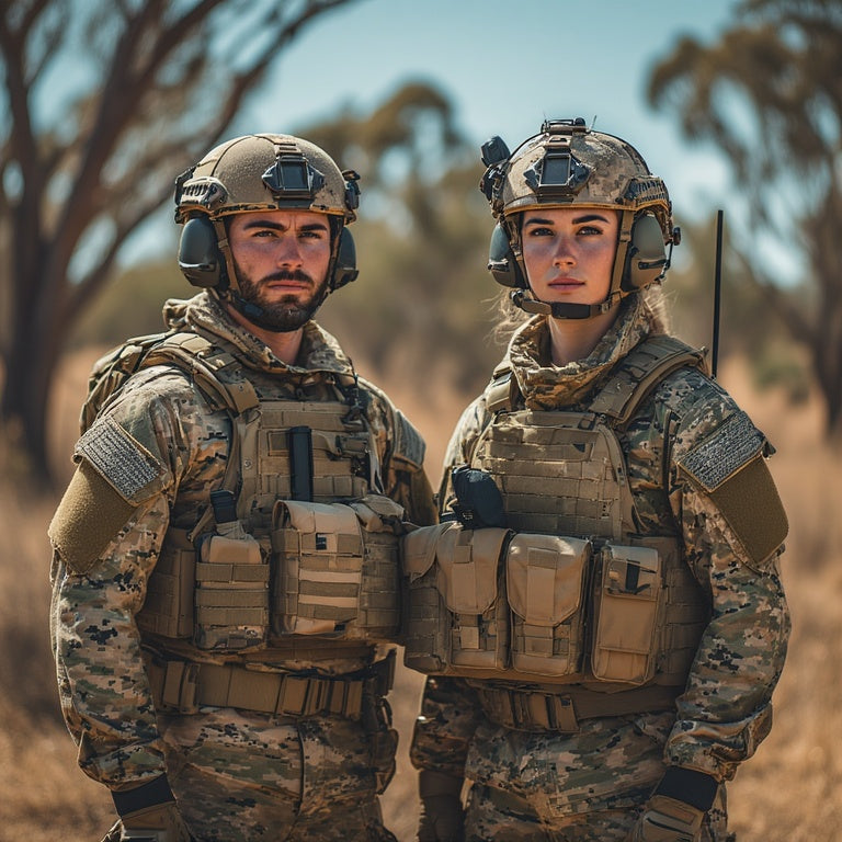 Two Australian tactical operators in camouflage uniforms and body armour stand side-by-side in a dry outback landscape with golden grass and eucalyptus trees. They wear helmets, communication gear, and Australian flag patches.