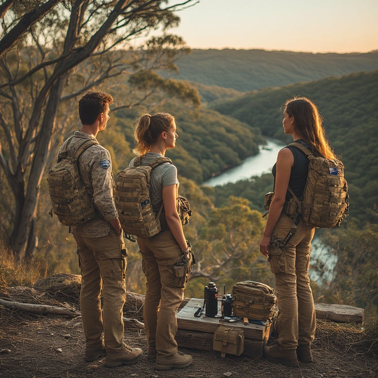 At golden hour, a man and blonde woman in neutral-toned Australian-made tactical gear and MOLLE vests stand by a weathered log with coyote-brown and Multicam packs, a flag pouch, and survival tools.