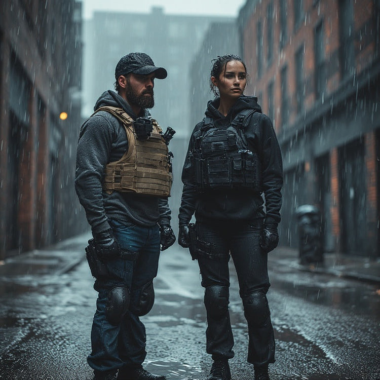 Two urban tactical operators—a man in a tan vest and cap and a woman in black gear—stand on a city sidewalk carrying plate carriers, backpacks, holstered pistols, and radios, with brick and concrete buildings behind them.