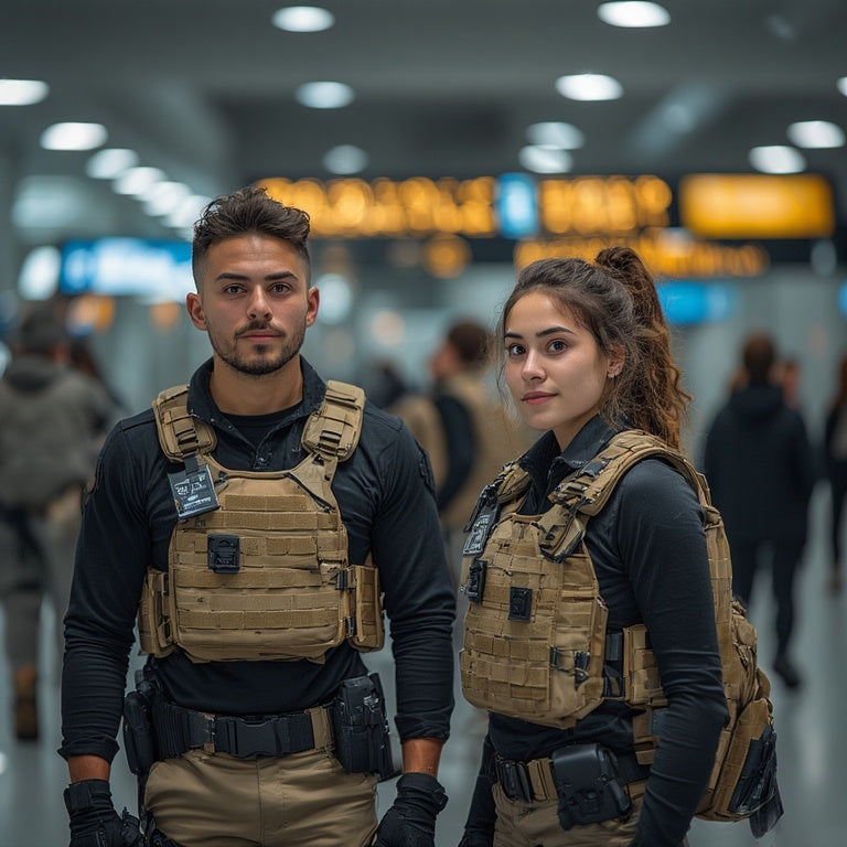 Two tactical operators in tactical gear stand at a security checkpoint wearing clear ID card holders on their MOLLE vests.