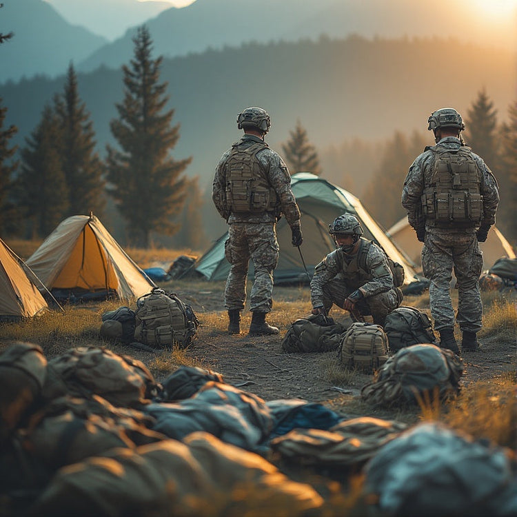 Male and female tactical operators wearing vests and caps seated at an Australian bush campsite. MOLLE backpacks (coyote, green, Multicam), tools, radios, water flasks, tent in background.