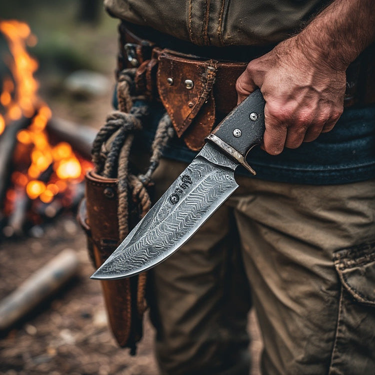 A Middle Eastern blacksmith hammers a glowing patterned Damascus steel ingot on an anvil, surrounded by sparks and firelight in a traditional stone forge.