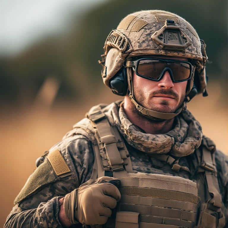 Two tactical operators wearing “JUSTGOODKIT” eye protection stand in a mountainous terrain under cloudy skies. The female wears an Australian flag patch, while the male wears a U.S. flag patch and hearing protection.