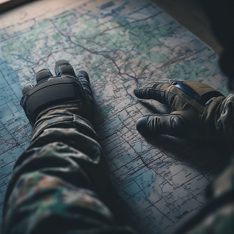 Close-up of a male operator’s hands in coyote-brown tactical gloves with reinforced knuckles and touchscreen fingertips, adjusting a radio pouch on his MOLLE vest, with blurred gear and bush campsite behind.
