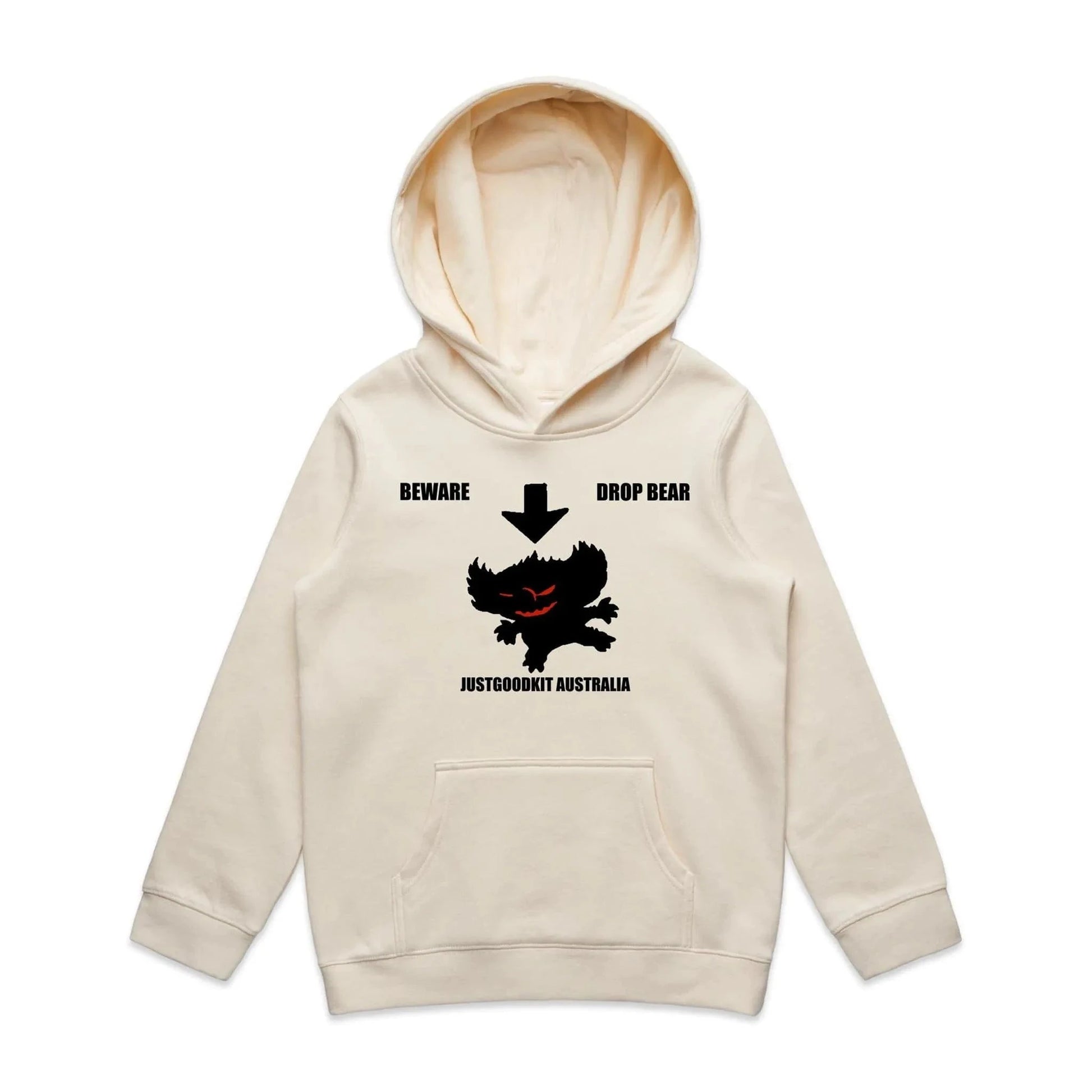 Kids beige Drop Bear Hoodie with graphic design, featuring kangaroo pocket and drawstring hood.