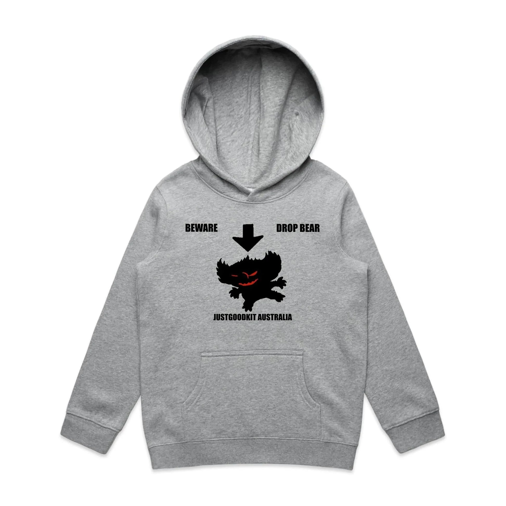 Kids grey Drop Bear Hoodie with pullover hood and kangaroo pocket, featuring 'Beware Drop Bear' print.