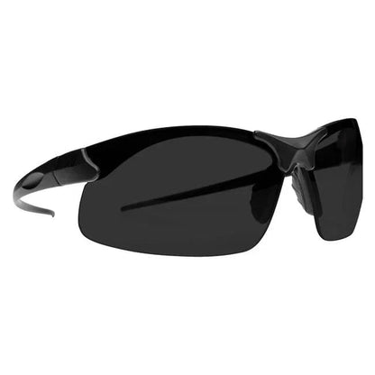 Sharp Edge shooting glasses with black frame, Vapor Shield anti-fog lenses, and slim-profile temples for ballistic protection.