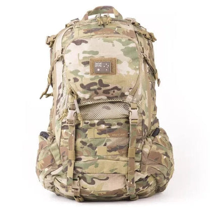 Medium Assault Pack with camouflage design featuring modular attachments, helmet compartment, and durable construction for tactical use.