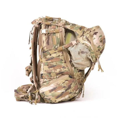 Medium Assault Pack in camouflage with modular features, MOLLE attachments, and helmet carrier.