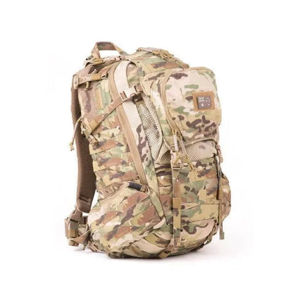 Medium Assault Pack with camouflage design, featuring modular attachments and adjustable harness for tactical use.