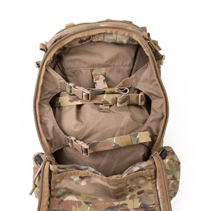 Medium Assault Pack with open compartment, showcasing durable modular design and camo pattern.