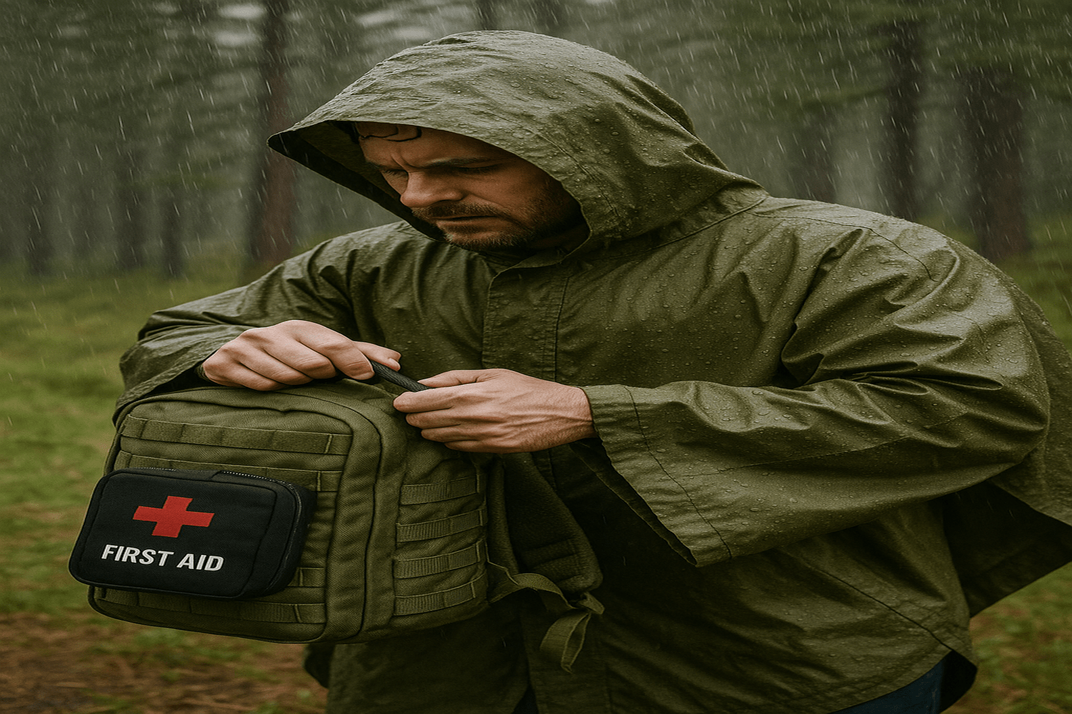 Person in a green raincoat holding a green bag with a first aid kit label in a forest setting.