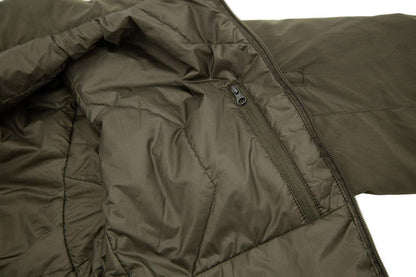 Rugged Carinthia G-Loft Windbreaker Jacket in olive, showcasing durable Cordura® fabric and inner zip pocket.