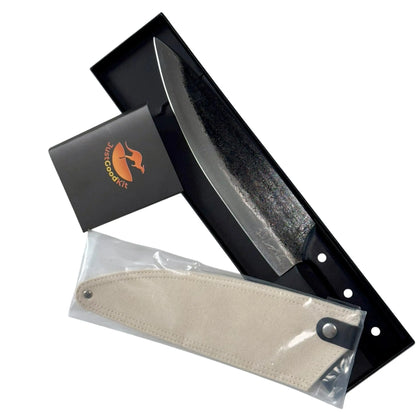 Premium camping cooking knife with sheath and packaging, ideal for outdoor kitchens and BBQs.