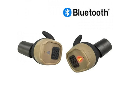 Earmor M20T wireless tactical hearing protection earbuds in coyote brown with Bluetooth connectivity.