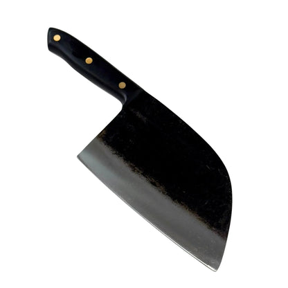 High-carbon steel camping cleaver with ergonomic handle for bush cooking.