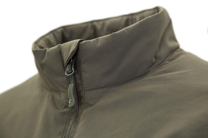 Carinthia G-Loft Windbreaker Jacket in olive, featuring durable Cordura fabric and high stand-up collar with integrated chin guard for windproof protection.