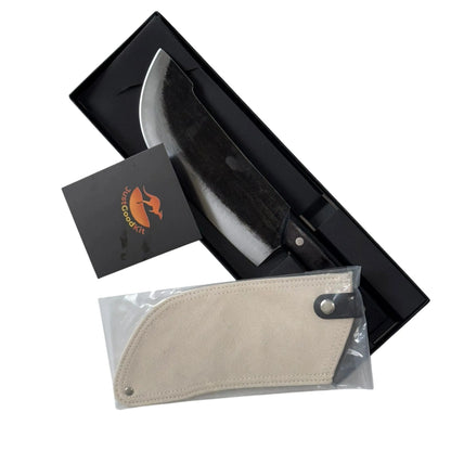 Camping knives set with high-carbon steel blade, ergonomic handle, and protective sheath, ideal for outdoor cooking.